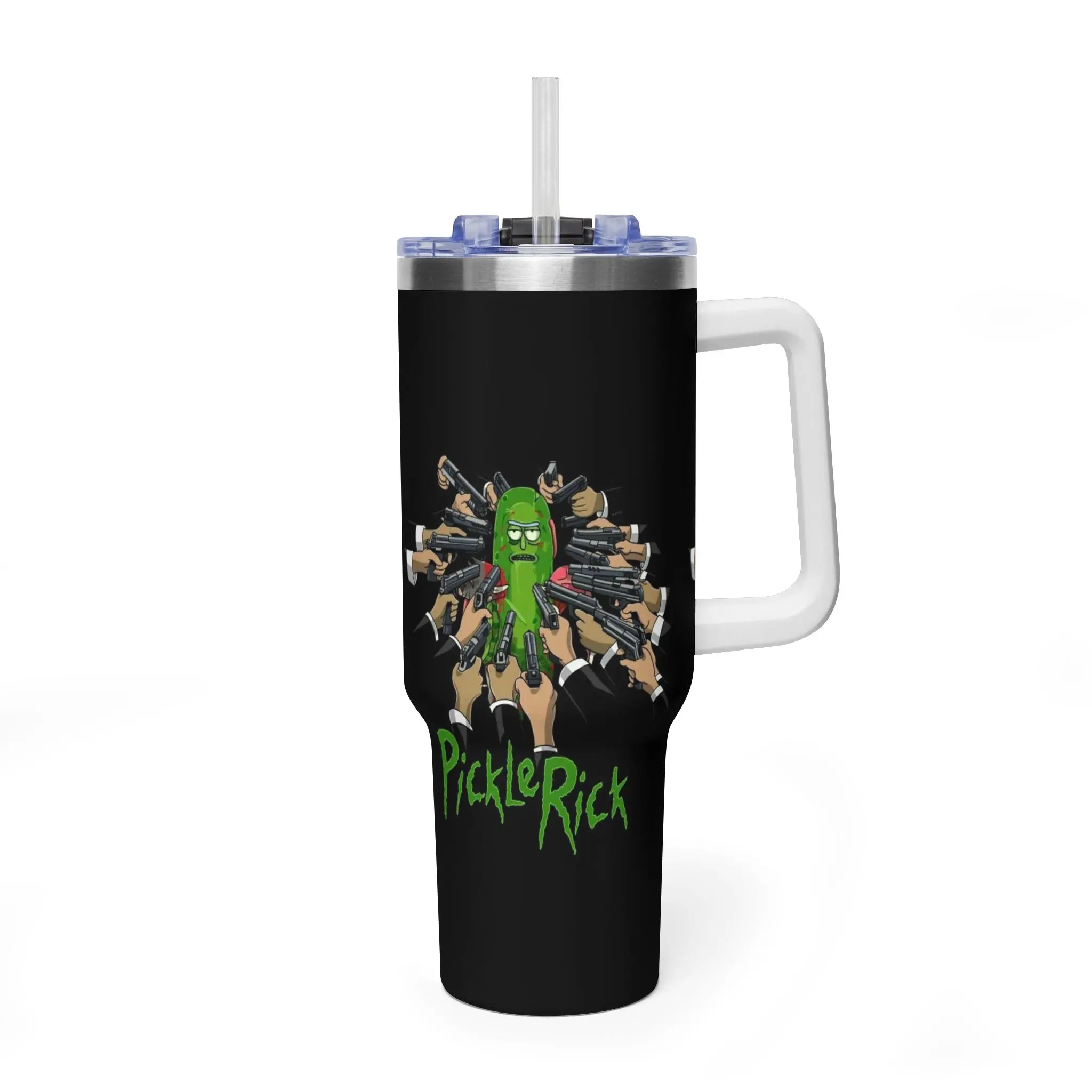 Pickle 40oz Rick Tumbler with Handle, Black Insulated Travel Cup, Funny Cartoon Character Design, Reusable Drink Cup for Fans