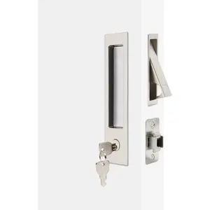 Pocket Door Handle with Lock and Edge Pull, Narrow Modern Rectangular Keyed Entry Recessed Sliding Door Hardware for 1 3/8” to 2 3/16” Thickness Door (1 Pack, Brushed Nickel)