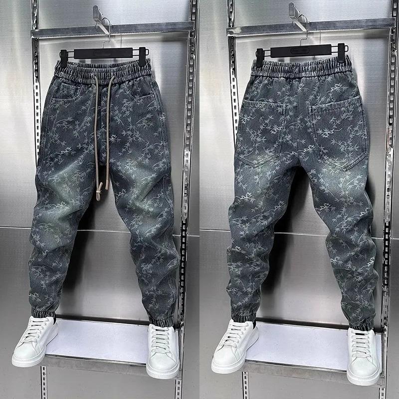 Jacquard American Classic Jeans Fashion Joints Harem Pants High Quality Loose Harajuku Straight-Leg Trousers Men's Clothing Menswear Black Casual Streetwear Denim