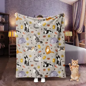 Cartoon Multi-Color Cat Flannel Blanket, Cute Cat Print Cover Blanket, Pet Lover Gift, Multifunctional Plush Throw, Soft and Cozy
