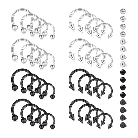 Horseshoe Piercing Jewelry, 32-Piece 14G & 16G Stainless Steel Hoop Rings with Balls & Spikes for Septum, Nose, Tragus, Lip, Piercing Earrings, Nose Piercing