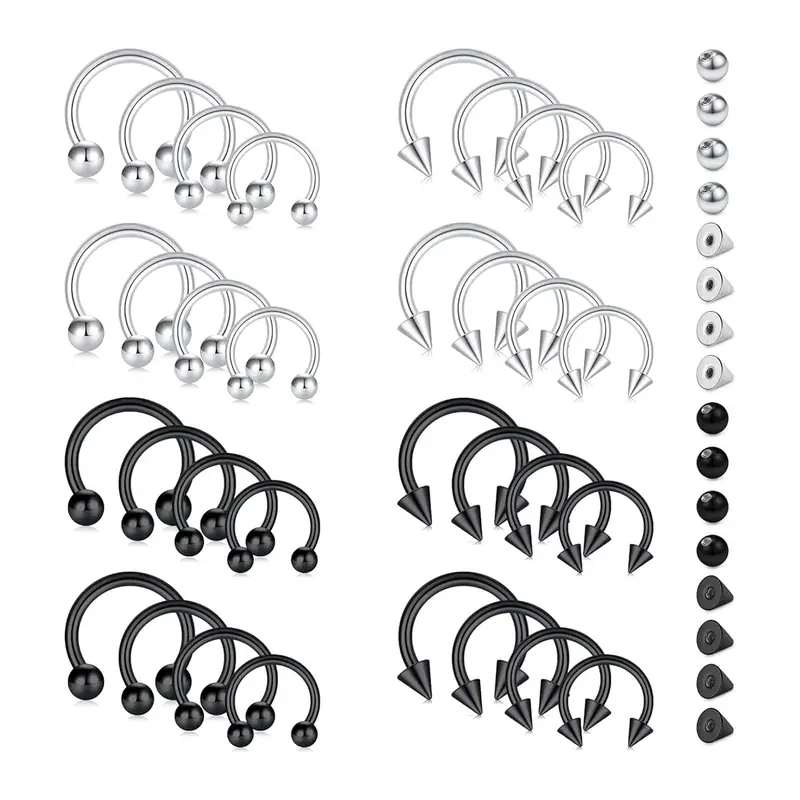 Horseshoe Piercing Jewelry, 32-Piece 14G & 16G Stainless Steel Hoop Rings with Balls & Spikes for Septum, Nose, Tragus, Lip, Piercing Earrings, Nose Piercing