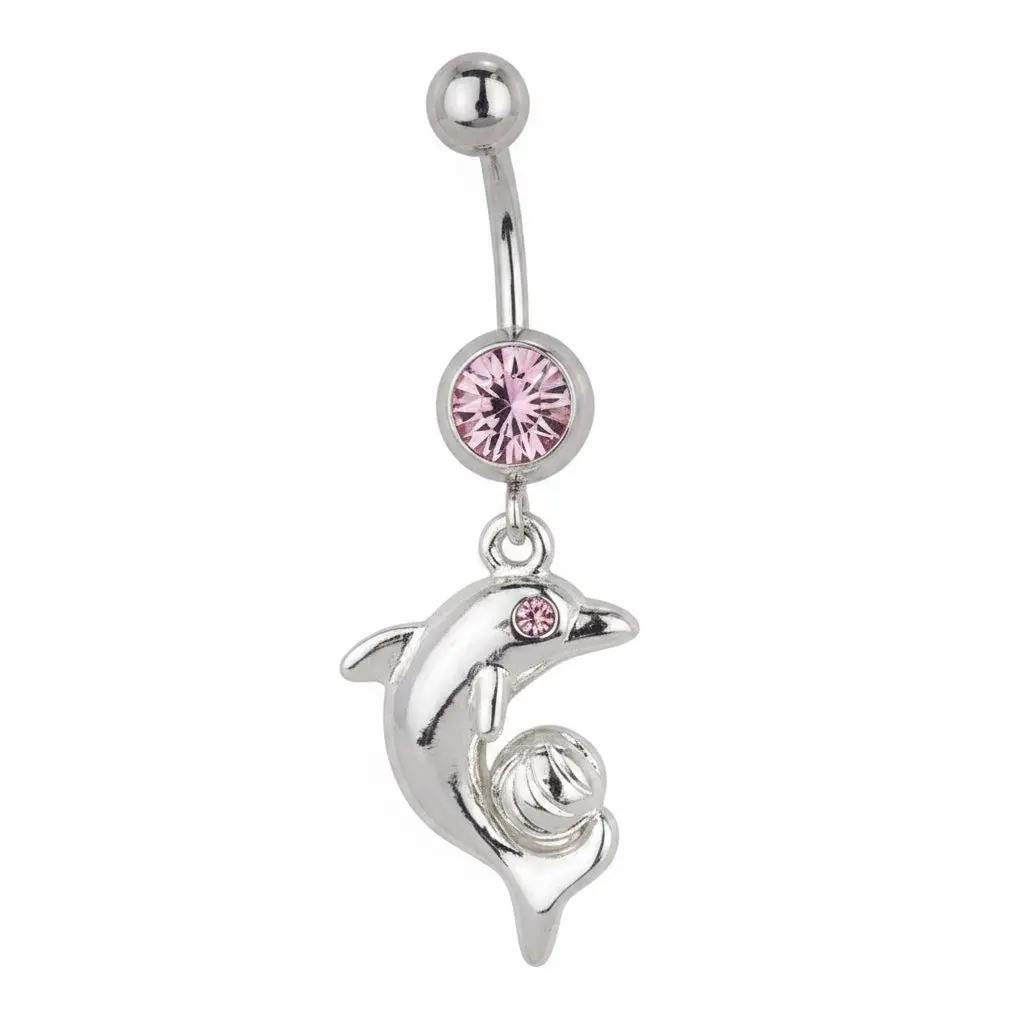 Surgical Stainless Steel Pink Crystal Dolphin Belly Naval Ring