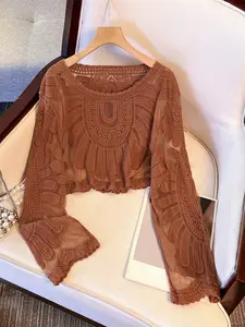 Women's Floral Embroidery Cover Up Top, Casual Long Sleeve Top for Beach Vacation Holiday, Ladies Clothes for All Seasons, Swimsuit Cover Ups