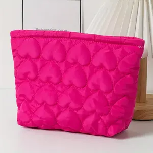 Travel Makeup Organizer Bag with Heart Design, Lavender & Quilted Cosmetic Pouch, Lightweight Storage for Toiletries, Brushes, Lipsticks