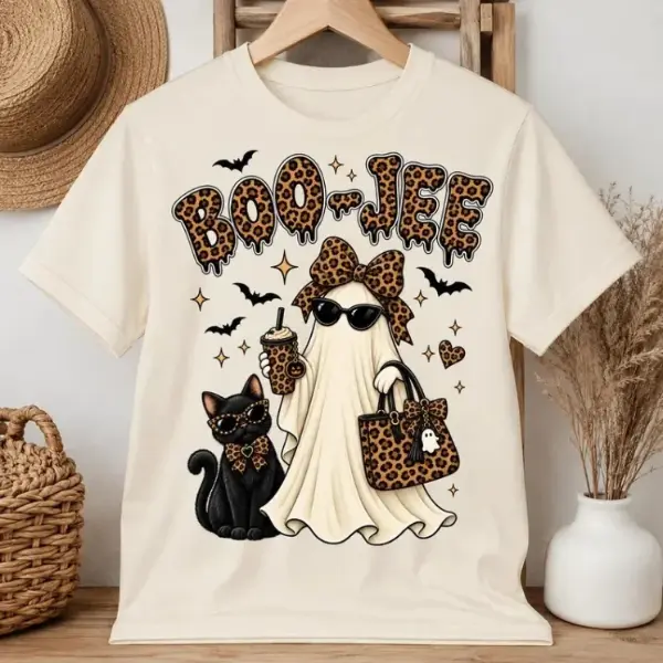 Ghost Leopard Halloween Shirt, Spooky Season Graphic Tee, Trendy Coffee Lover Ghost with Black Cat Fall Apparel for Men & Women