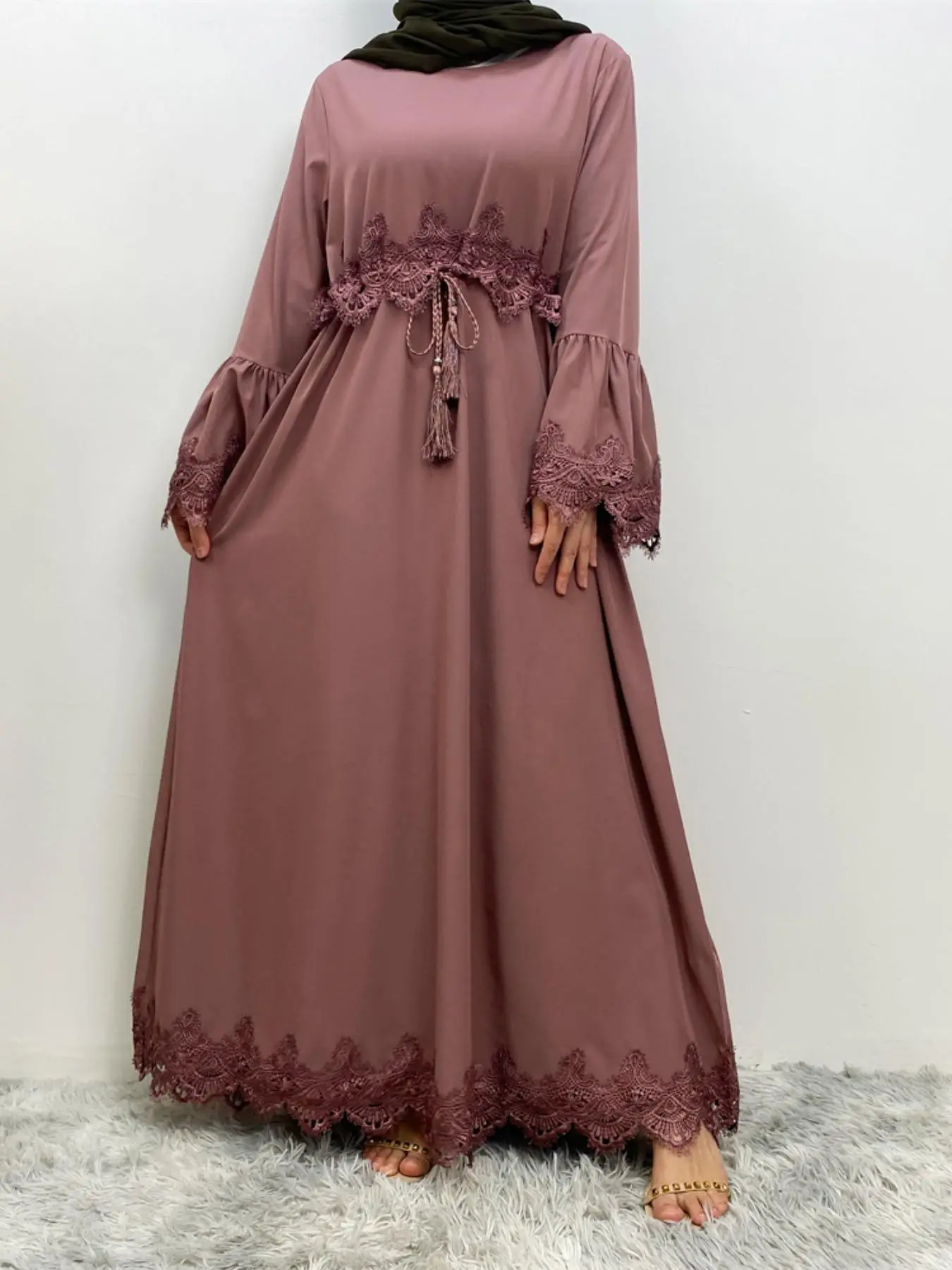 Women's Plain Lace Trim Islamic Dress, Modest Flounce Sleeve Round Neck Dress for Party Wedding Guest, Ladies Clothes for All Seasons, Modest Dresses,