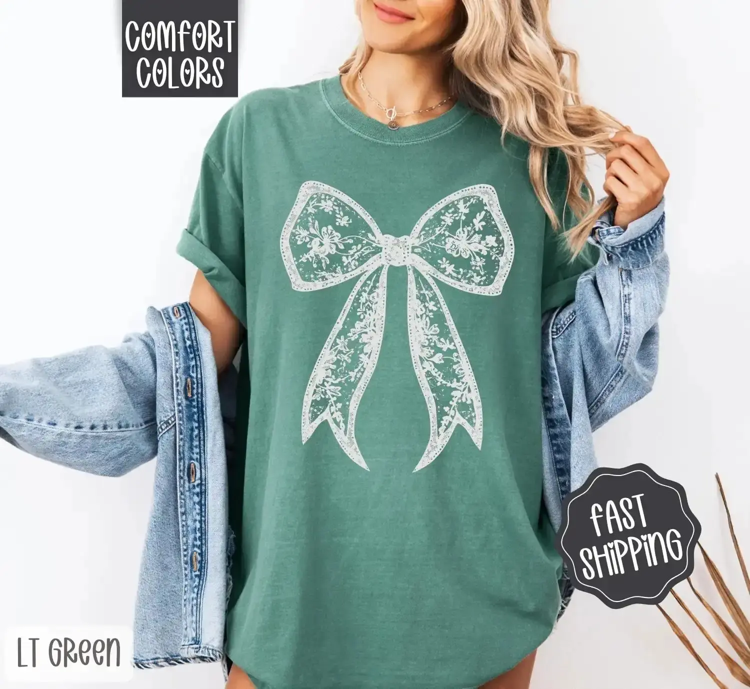 Lace Bow Shirt Comfort Colors, Coquette Women's Tee, Cute Tshirt must have viral style put together fall winter essential date night stretch fit trending now on trend go to elegant