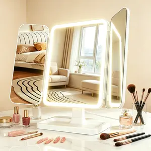 ZeroHome 3-Sided Folding LED Tabletop Makeup Mirror - Portable, Dimmable Light, Height-Adjustable, Travel-Friendly with Storage Tray, Ideal Mother's Day Gift, Mothers Day Gift