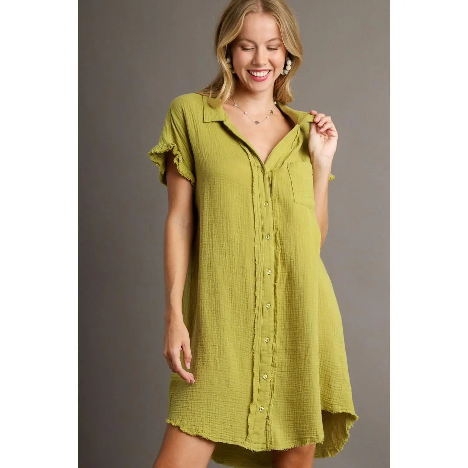 Umgee Full Size Raw Hem Button Down Short Sleeve Gauze Shirt Dress Plus Size
