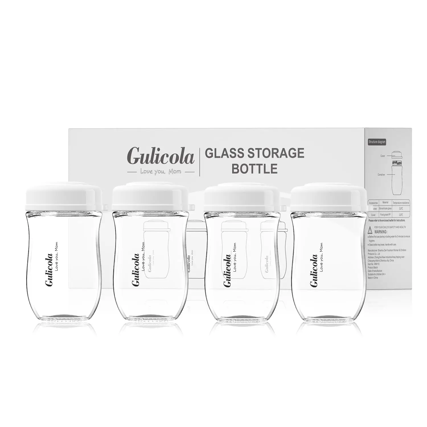 Gulicola 4pcs 5oz/8oz Glass Breast Milk Storage Bottles（only storage）with Storage Caps,Wide Neck Breast Milk Container,FREE BPA