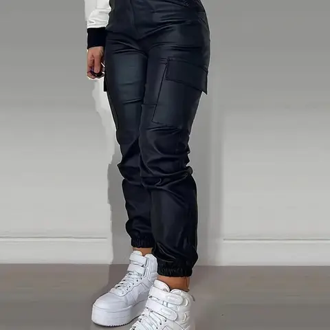 Women's Solid Button Pocket Cargo Pants, High Waisted Pants, Elegant Fashion Casual Black Trousers for Daily Outdoor Wear, Ladies Bottoms for All Seasons