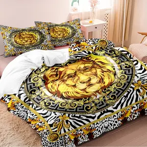 3-piece duvet cover set features a luxurious yet wild gold lion head pattern, printed using 3D digital printing technology. Suitable for bedroom and guest room bedding (includes 1 duvet cover and 2 pillowcases, duvet insert not included).