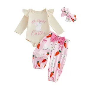 Baby Girl My First Easter Outfits Bunny Letter Embroidery Long Sleeve Romper Rabbit Carrot Print Pants Headband Newborn Infant Clothes Set