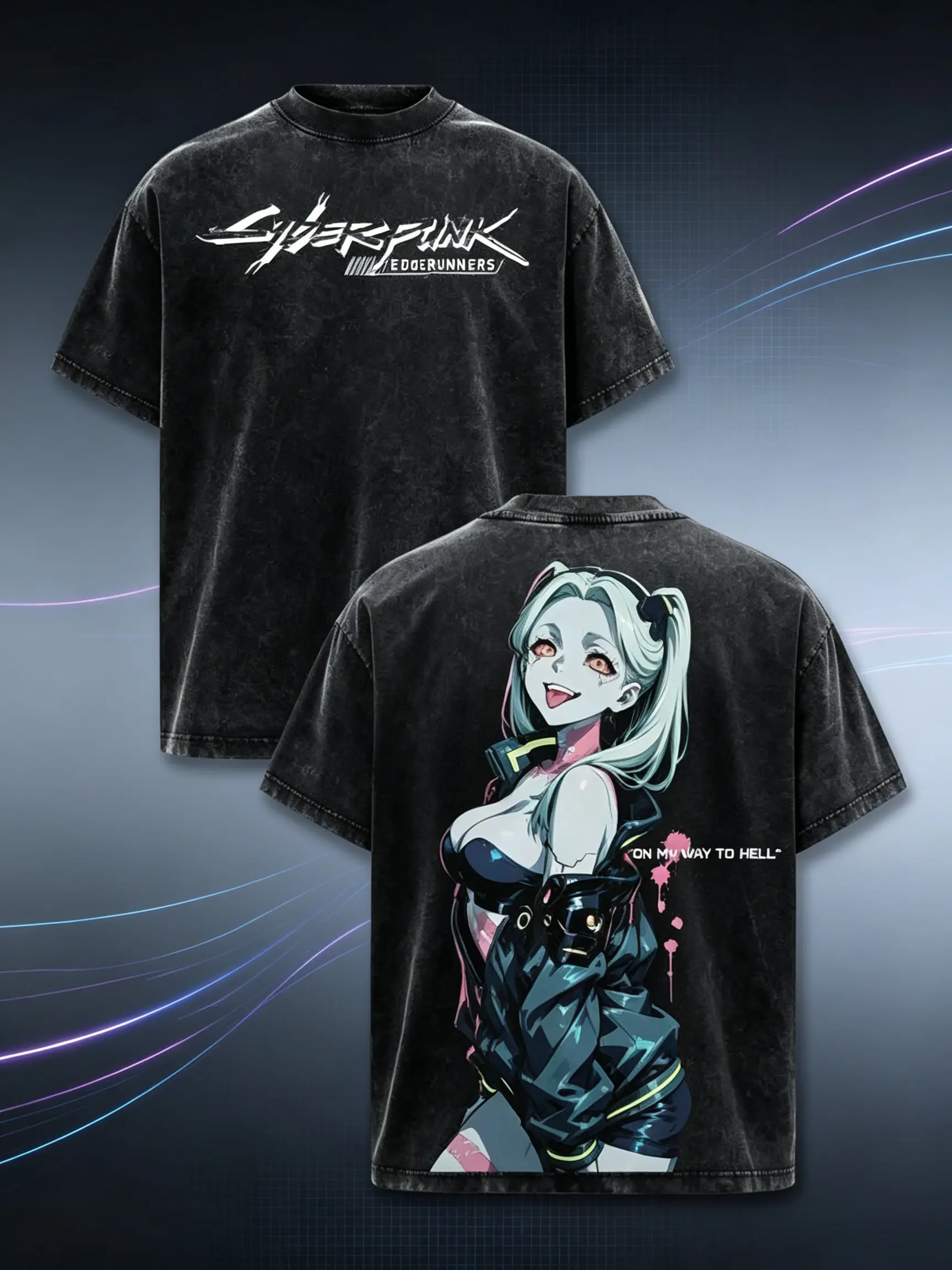 Cyberpunk Edgerunners Rebecca Vintage Acid Wash Oversized T-Shirt Front Cyberpunk Edgerunners Logo Back Rebecca Anime Drip Text Graphic Distressed Black Unisex Cotton Crewneck Anime Tee Gift For Cyberpunk Anime Fans Casual Street Outfit viral tiktok shirt