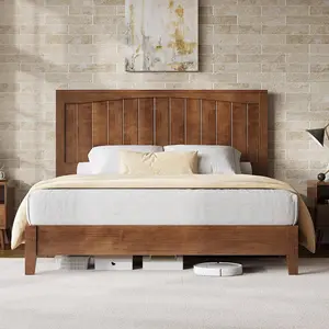 VanAcc Solid Wood Bed Frame with 48" High Headboard, Mid-Century Modern Wooden Platform Bed Frame, Metal & Wooden Slats Support, No Box Spring Needed