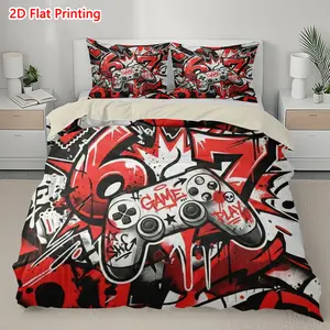 2D Flat Printing 3 Piece Set vibrant graffiti covered six seven game controller Prints Art Print Quilt Set - Includes 1 Duvet Cover and 2 Pillowcases (filling Not Included), Breathable and Soft, Polyester, Machine Washable, Soft Bedding Set