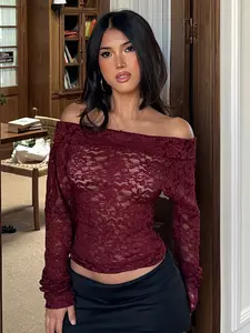 Sexy Women's Wine Red Off-Shoulder Sheer Lightweight Lace Fabric Lady Top Womenswear. Casual Street Style Y2K Hot Girl Long Sleeves T-Shirt. Niche Solid Color Retro Charm Versatile Top for Date Styling.