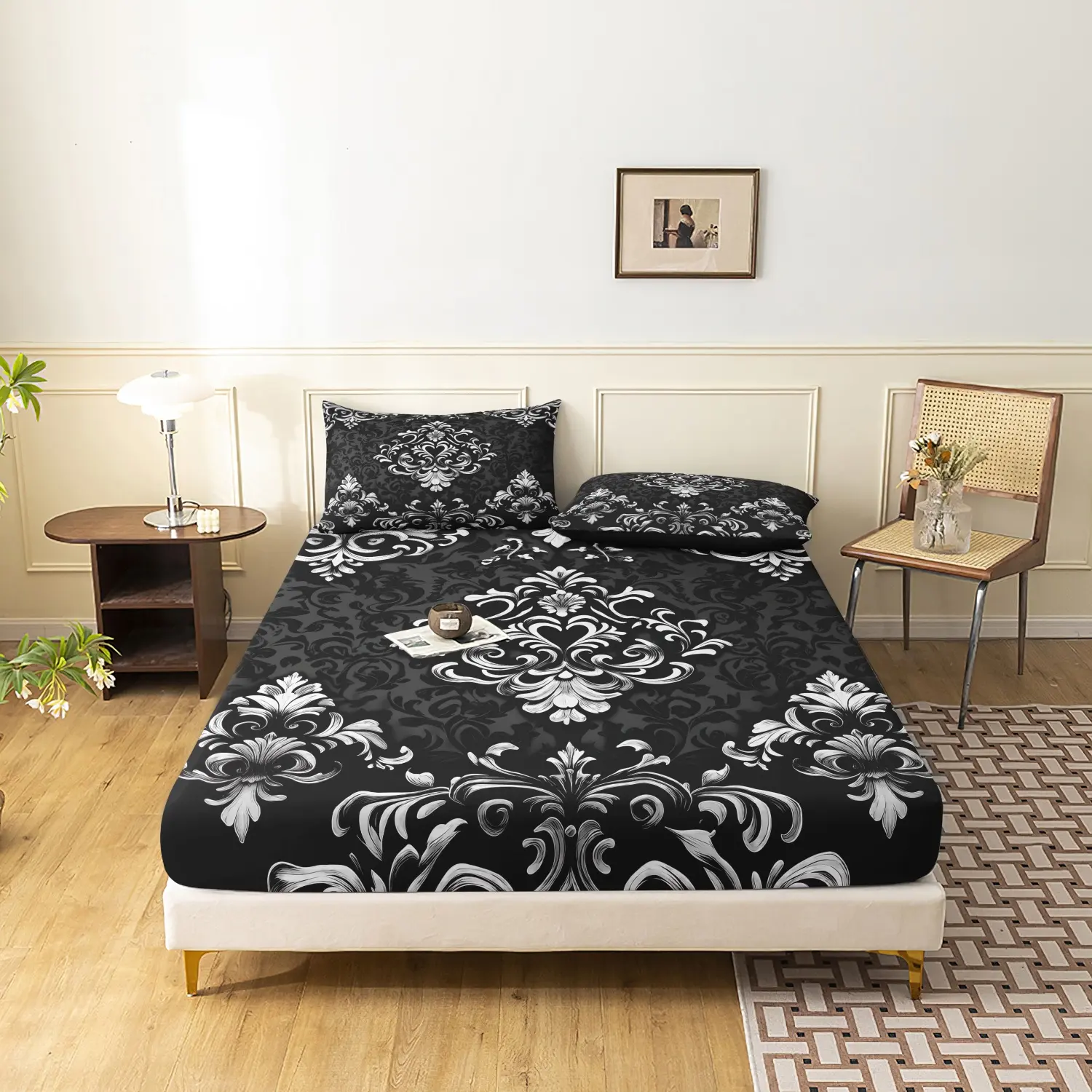 3pcs Set Classic European Fitted Sheet, Black White Floral Printing Bedding, for Themed Hotel and Dorm Decoration Floral Bed Sheets, Decorative Bedsheet Sets, Hotel Style Bedding (1 Fitted Sheet + 2 Pillowcases No Comforter No Pillow)