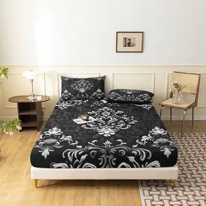 3pcs Set Classic European Fitted Sheet, Black White Floral Printing Bedding, for Themed Hotel and Dorm Decoration (1 Fitted Sheet + 2 Pillowcases No Comforter No Pillow)