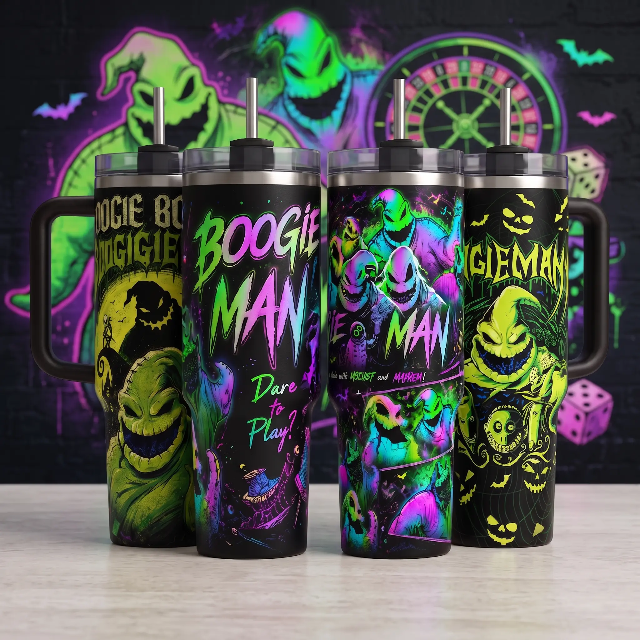 Oogie Gambling Bogeyman Tumbler, Halloween 40oz Cup with Handle, Movie Fan Gift, Nightmare Before Xmas Inspired Insulated Tumbler Featuring Neon Comic Style Graphic Design, Halloween Gift
