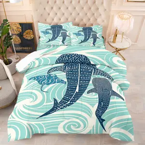 Ocean Tribe Shark Print Comforter Set and 1-2 Pillowcases, Soft Warm, Mint Green Wave Background, Deep Blue Shark Pattern with Dark Blue Whale Shark and Ray Pattern, Fresh Holiday Style Bedroom Decor Gift Choice