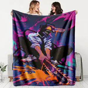 Dark Cool Chainsaw Man Theme High-Quality Digital Print Flannel Throw Blanket, Large Size, Soft Skin-Friendly, Lightweight Warm, All Seasons Use