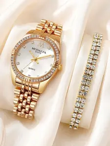 2-piece fashionable round versatile design, light luxury women's classic quartz watch, women's high-end feel, business temperament set