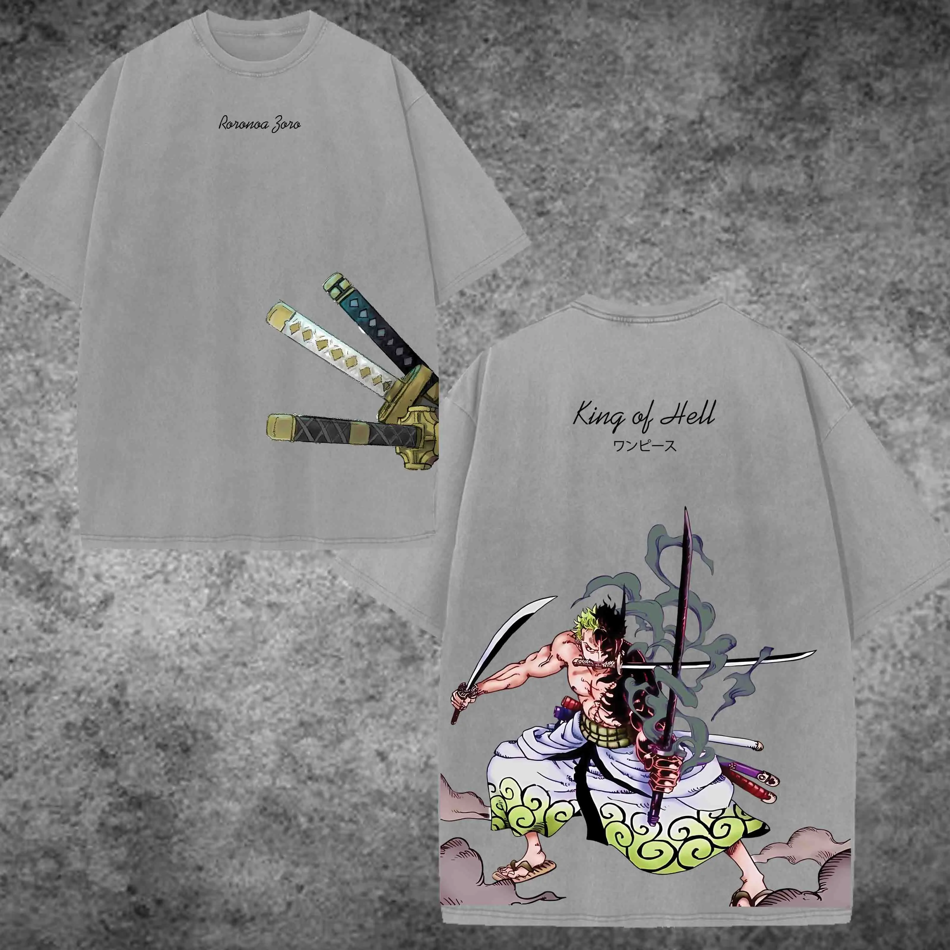 Zoro Washed Tee - One Piece Oversized Double Sided Anime Graphic T