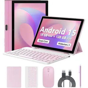 Android 15 Tablet 10 Inch, 18GB RAM+128GB ROM/2TB Expandable, 2 in 1 Tablets with Keyboard Case Mouse Stylus, 2.0GHz Quad-core Processor, 1280*800 IPS HD Screen, 5G WiFi 6 BT 5.0, 8MP Camera Tablet PC