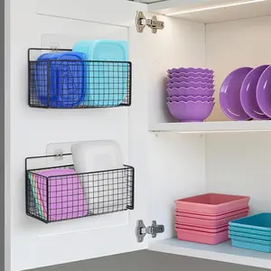 2 Pack Large Adhesive Cabinet Organizer Wall Mounted Lid Organizer Inside Cabinet Pantry Door Caddy Basket for Kitchen Containers Under Sink Storage