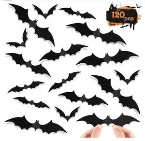 120 Pcs Bats Wall Decor Halloween Decorations, 3D Bat Stickers for Home Decor 4 Size Scary Black Spooky Bats Party Supplies