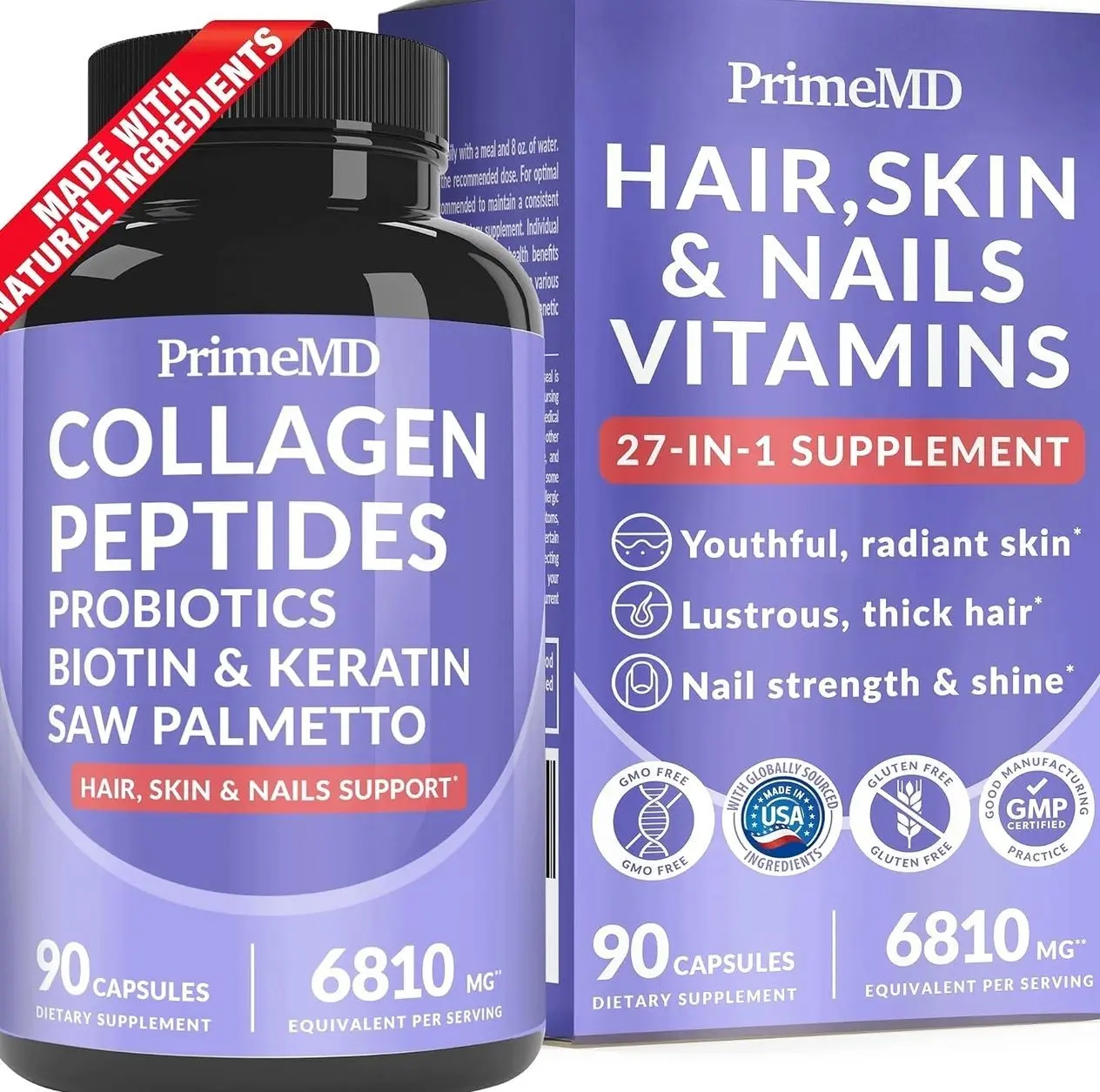 27-in-1 Hair Skin and Nails Vitamins (6810mg) with Biotin 10000mcg - Collagen Supplements for Men and Women - Keratin Supplements with Probiotics and Saw Palmetto, 90ct