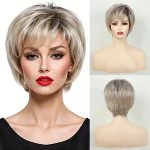 Women's Fashion Short Wigs With Bangs Blonde Straight Synthetic Hair Fancy Dress Party Wig for Lady Pixie Cut hairstyle Soft Hair Replacement Wig