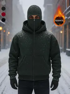 Men's Winter Graphic Hoodie with Zipper and Face Mask Design, Casual Fitted Kint Fabric Jacket for Fall & Winter Outdoor Sports