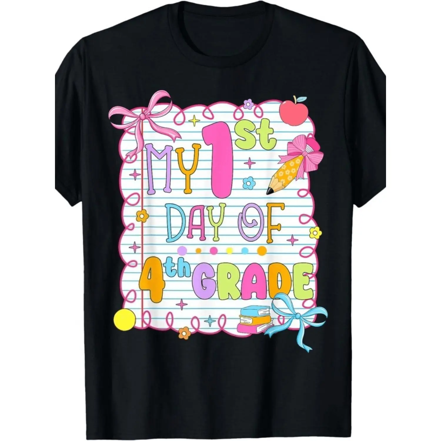 My First Day of 4th Grade 2026 T-Shirt - Boys & Girls Back to School Bow Print Retro Graphic Tee, Soft Durable Round Neck Shirt Suitable for, Casual Tops for 4th Grader First Day School Outfits