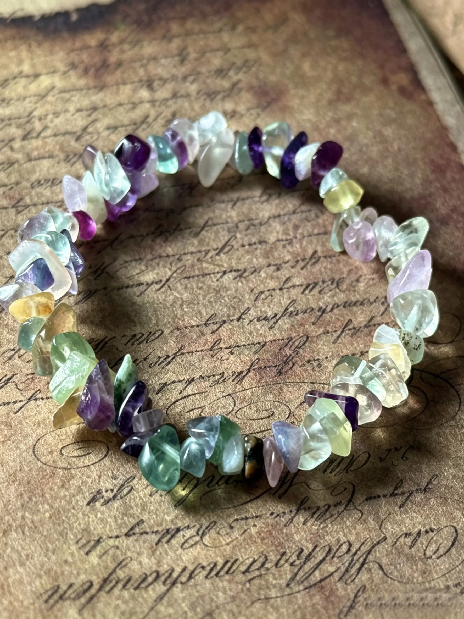 Natural Fluorite Chip Beads Bracelet, Rainbow Crystal Healing Stretch Bracelet, Boho Energy Jewelry for Women, Anxiety Relief Meditation Accessory, Handmade Gemstone Bracelet, Crystal Bracelets