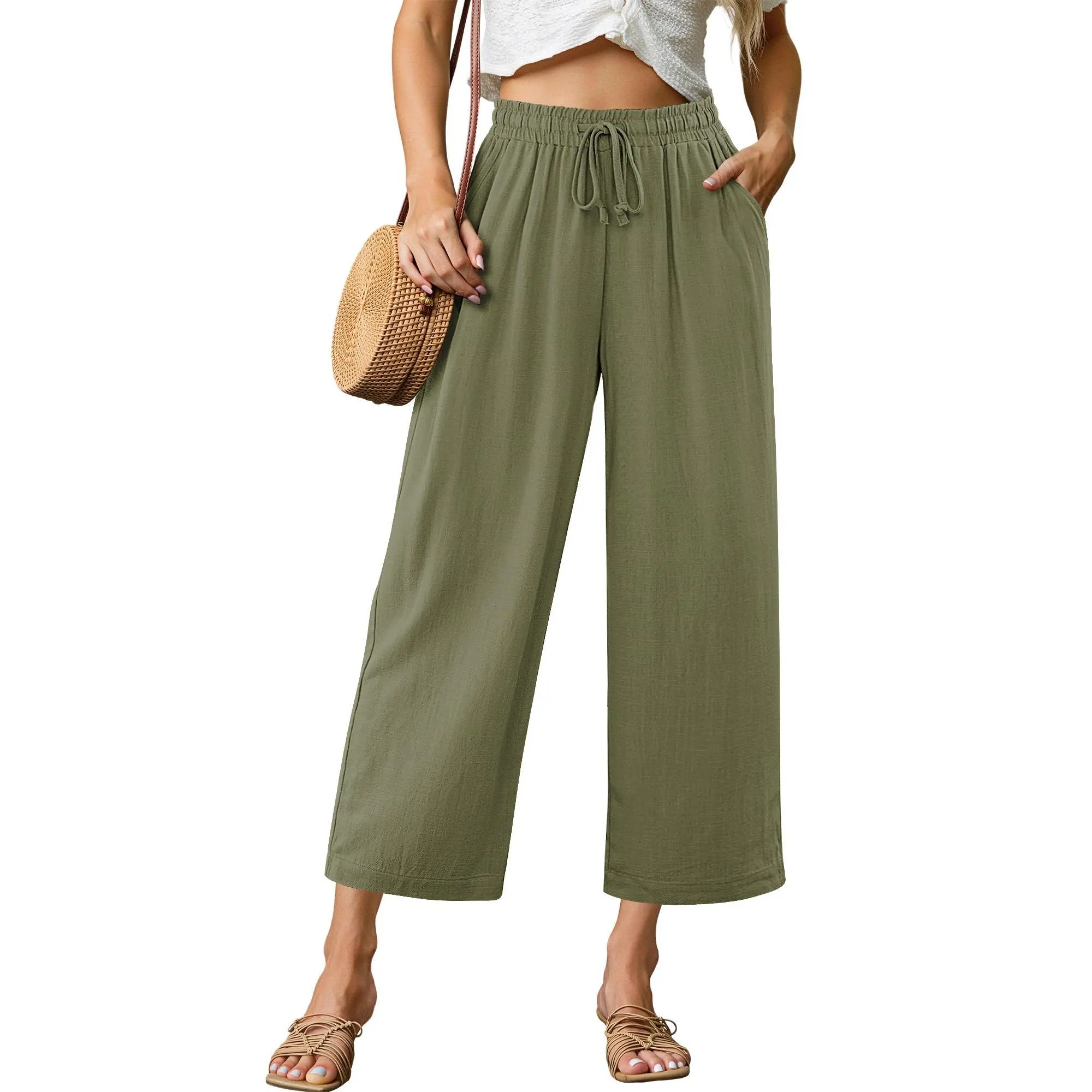 GRAPENT Greenish Linen Pants for Women High Waisted Wide Leg Capri Elastic Waist Casual Beach Flowy Cropped Summer Capris Pants Comfortable & Flexible Fit - Womenswear summervibes, Capri Pants Women, Linen Pants Women summerwins,back to school shopping ba