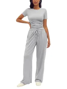 Women's 2-Piece/6-Piece Short Sleeve & Wide Leg Pants Set, Slim Fit Casual Sleepwear, Plain Color Comfortable Home