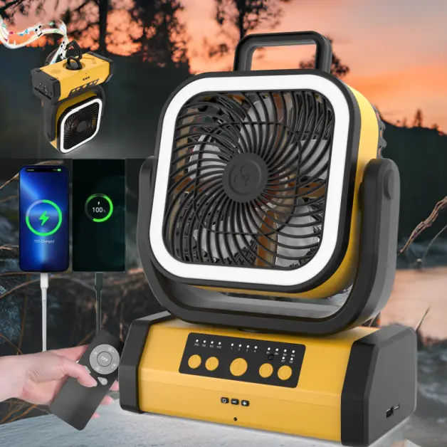 30000mAh Rechargeable Fan with Music, Light & Power – Bluetooth Speaker, LED Lantern & Remote Control, USB-C Charging, for Camping & Emergencies