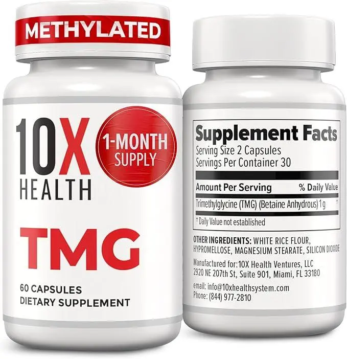 10X Health TMG Supplements for Liver Support, Heart Wellness, Energy, Homocysteine Levels- Trimethylglycine 60 Capsules