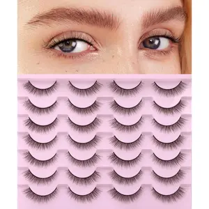 False Eyelashes Natural Look Clear Band Mink Lashes Fluffy 5D Cat Eye Lashes Wispy Faux Mink Strip Lashes Pack