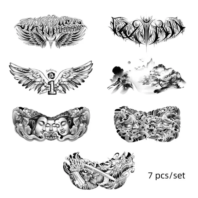 Angel Wing & Skull Pattern Temporary Tattoo Sticker, 7 Counts/set Waterproof Temporary Tattoos Long Lasting Fake Tattoo Sticker, Body Art Sticker for Adults, Tattoos Stickers