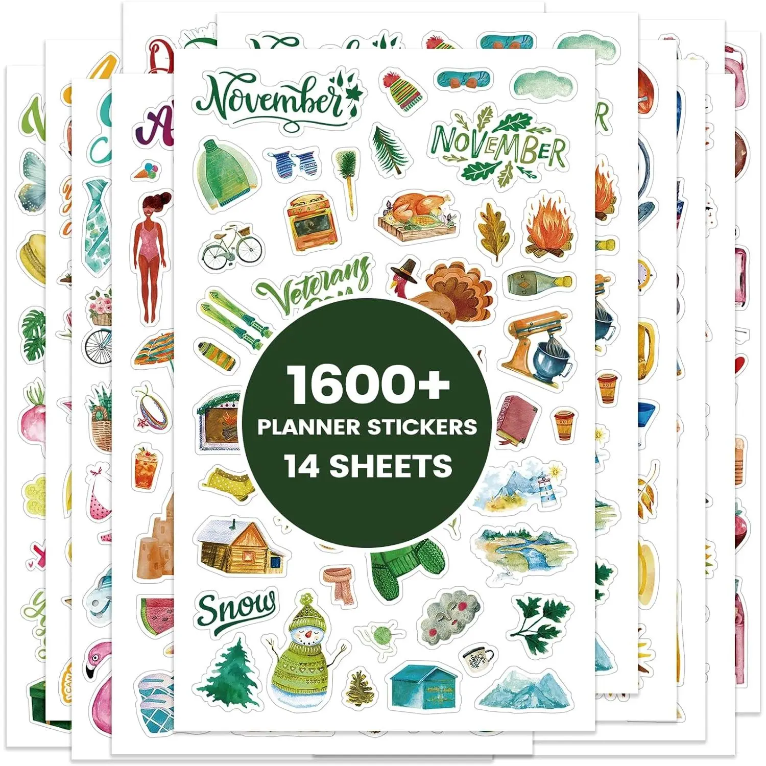 Planner Stickers - 12 Monthly Planner Stickers for Celebrations, Planner Accessories for Journals/Planner Stickers for Women - Seasonal, Holiday, Festival Events, (14 Sheets, 1,600+ Stickers per Pack)