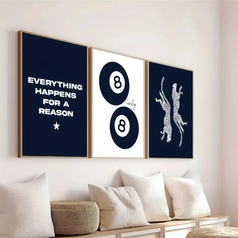 3 Pieces Navy Blue Cheetah 8 Ball Canvas Art, Vintage Animal Print Wall Mural, Personalized Trend Home Art, Dark Tone Gallery Decor, Rich Tone Poster, Wall Decor for Living Room and Bedroom, Framed or Unframed Options Available.