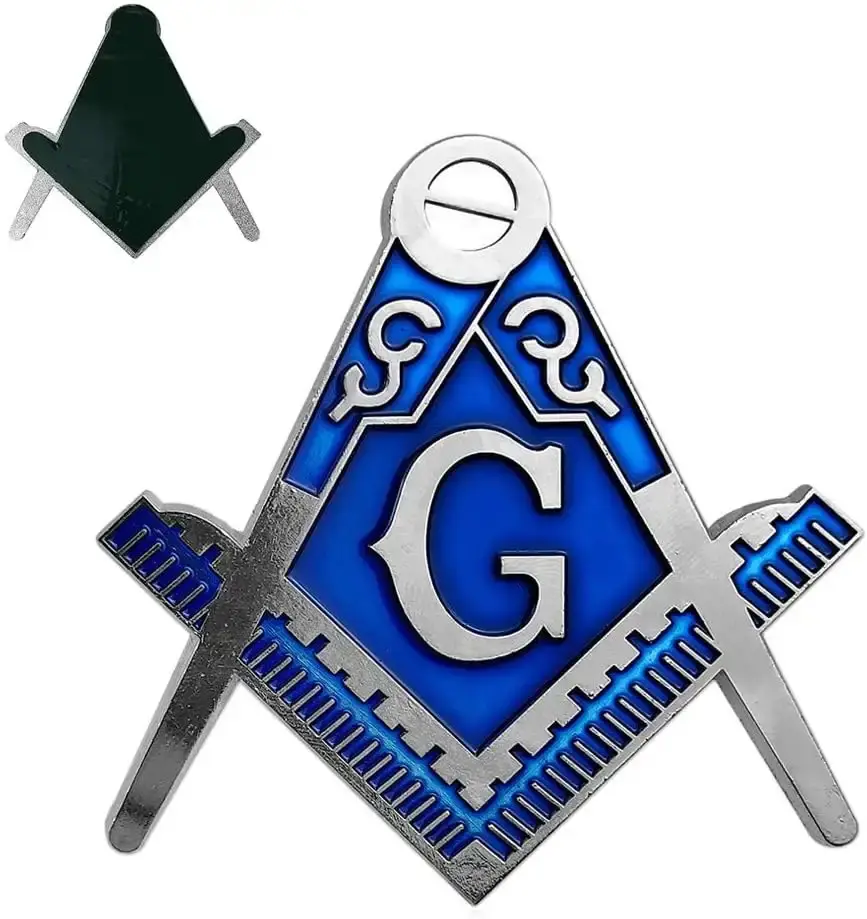 3" Tall Silver-Blue Cut-Out Masonic Square & Compass Stick-On Car Emblem - Freemason Symbol, Automotive Exterior Accessory, Car Sticker, Stick-On Type, 3 In, Auto Exterior