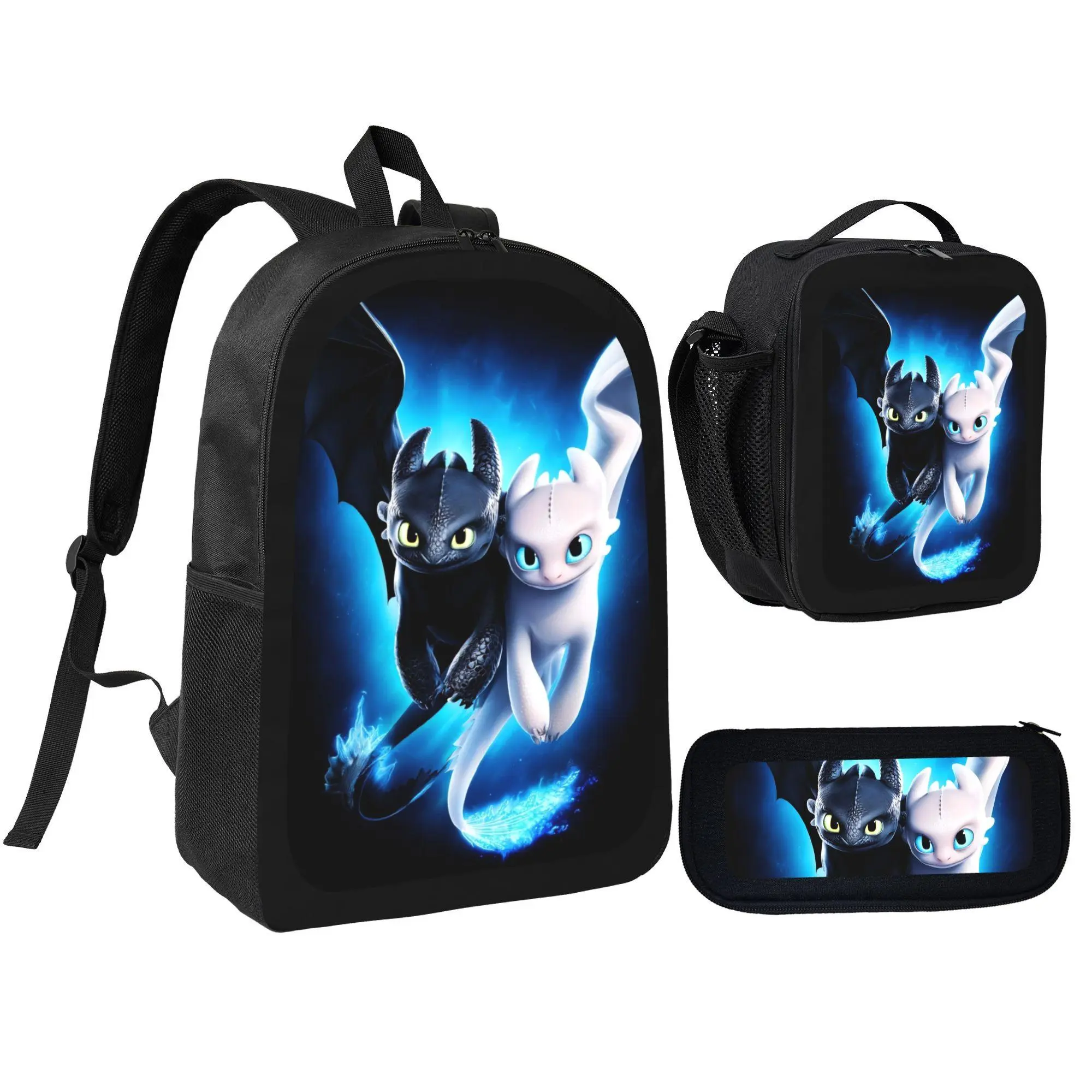 [3Pcs Backpack Set] How To Train Your Dragon Toothless And Light Fury with Lunch Bag Pencil Pouch School Bag For Kids Boys Girls Students