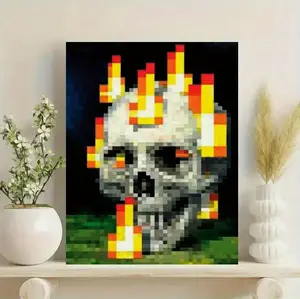[Sale off up to 65%][Free Ship][No Frame] Vibrant 1pc Pixel Skull & Flames Canvas Poster Unframed Art Print for Bedroom Cafe Indoor Wall Decor Ideal for Christmas New Year Celebrations Festive Wall Art Detailed Artwork Skull Decor Ornaments Decoration