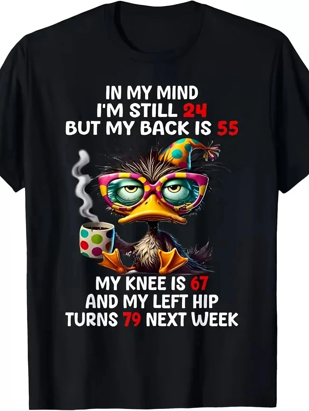 Duck In My Mind I'm Still 24 But My Back Is 55 Funny Saying T-Shirt Men's Soft Breathable Cotton Shirt - Black Crew Neck Casual Wear, Humor Clothing, Personality T-shirt, Short Sleeve Top