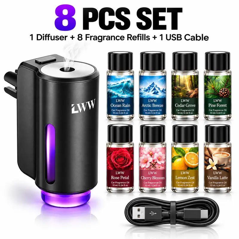 LWW Rechargeable Vent Clip Aroma Diffuser Set - 10mL Fragrance Refills, 3 Adjustable Scent Levels, Car Smell Products, Essential Oil Diffuser, Portable Waterless Interior Accessories for SUV, Truck, Essential Oil Diffuser For Car